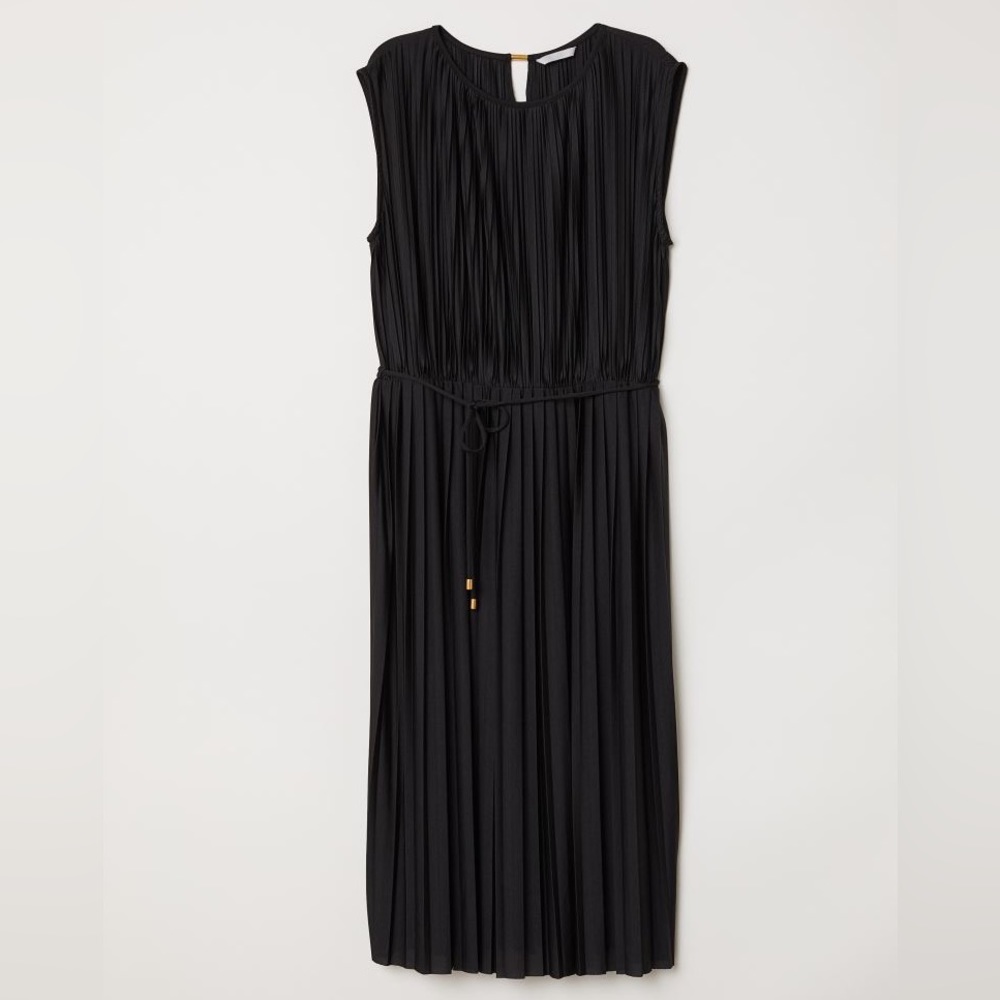 H&M Black Pleated Midi Dress with Tie Belt -XL
